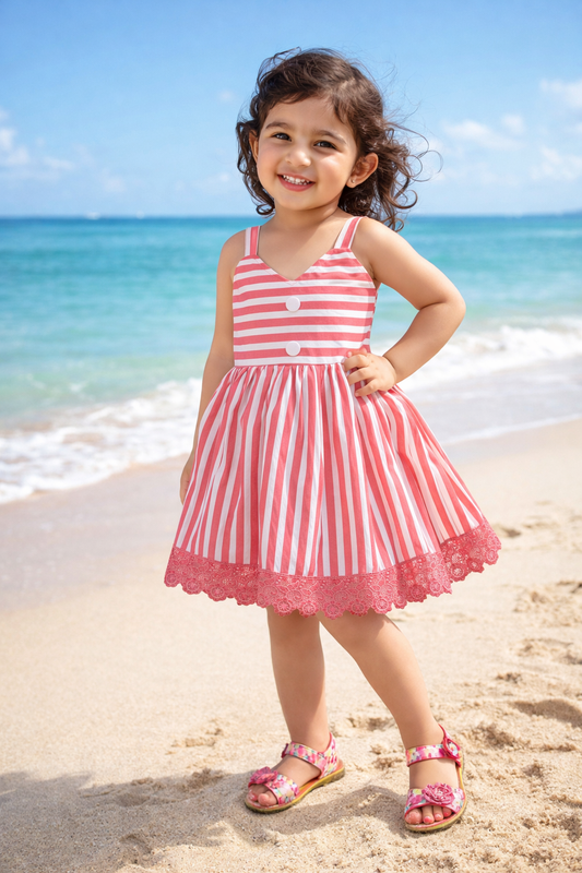 Girls Striped Cotton Party Frock with Lace Hem