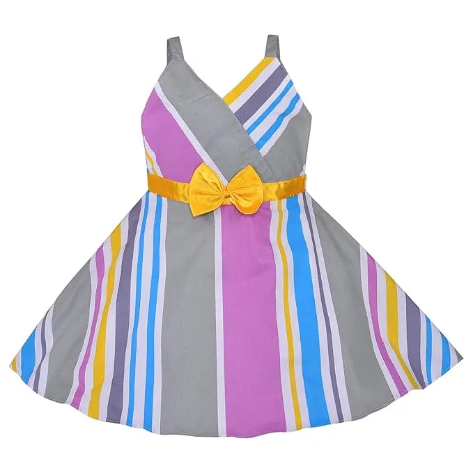 Girls Striped Cotton Party Frock with Lace Hem