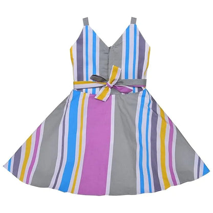 Girls Striped Cotton Party Frock with Lace Hem