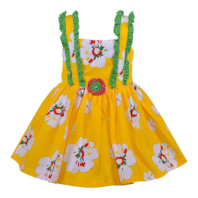 Girls Yellow Floral Sleeveless Party Dress with Ruffle Straps