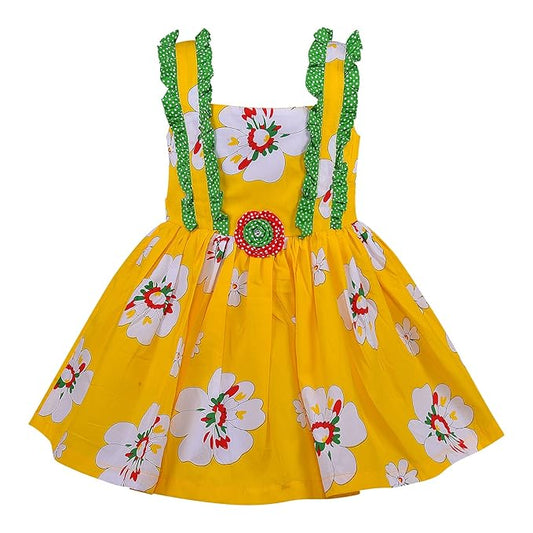 Girls Yellow Floral Sleeveless Party Dress with Ruffle Straps