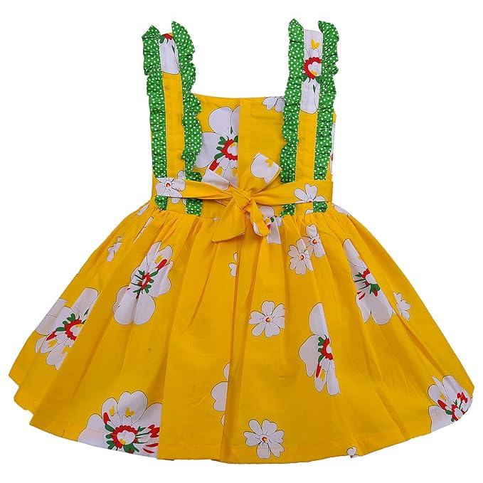 Girls Yellow Floral Sleeveless Party Dress with Ruffle Straps