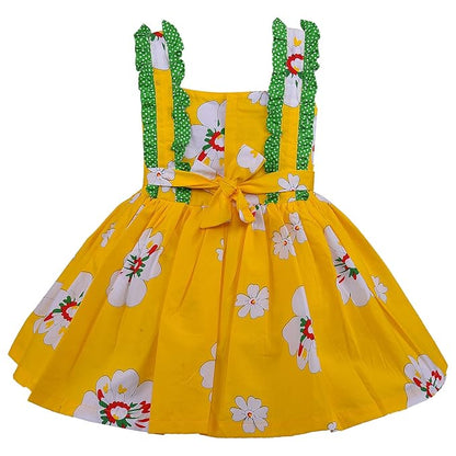 Girls Yellow Floral Sleeveless Party Dress with Ruffle Straps