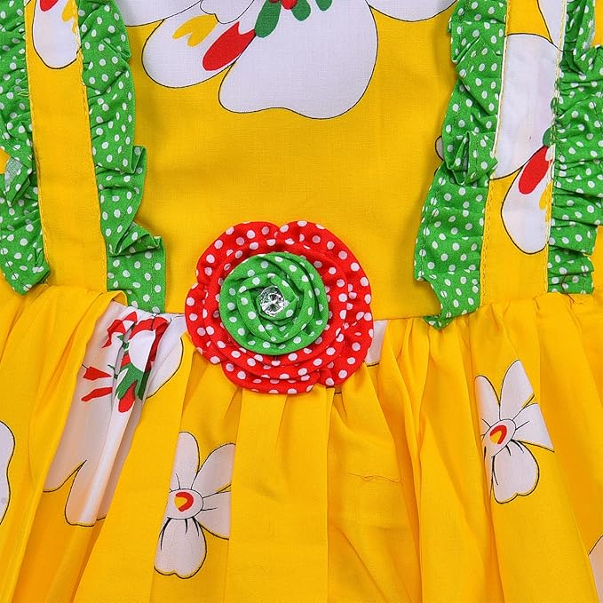 Girls Yellow Floral Sleeveless Party Dress with Ruffle Straps