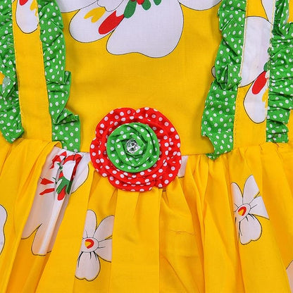 Girls Yellow Floral Sleeveless Party Dress with Ruffle Straps