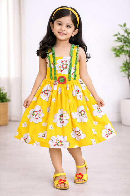 Girls Floral Printed dress with Ruffled sleeve summer frock