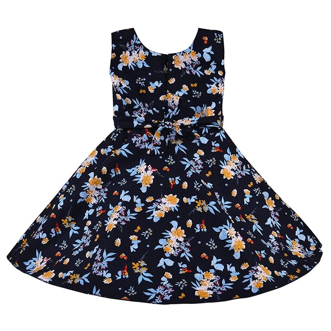 Girls Floral Cotton Dress with Sky Blue Bow & Satin Panel