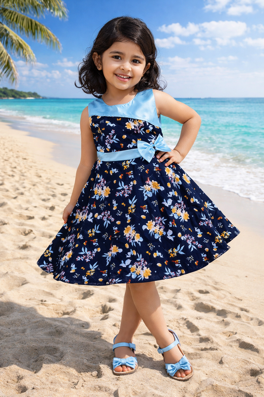 Girls Floral Cotton Dress with Sky Blue Bow & Satin Panel