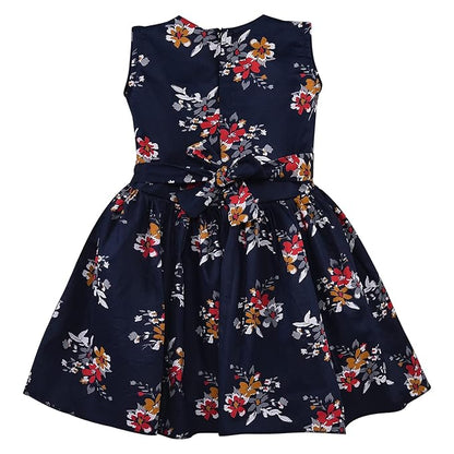 Girls Floral Cotton Dress with Sky Blue Bow & Satin Panel
