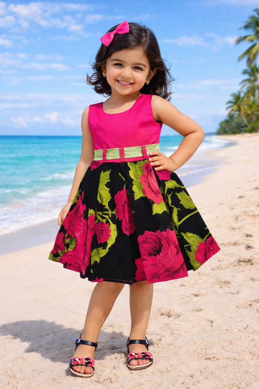 Girls Floral Printed Cotton Dress with Belt