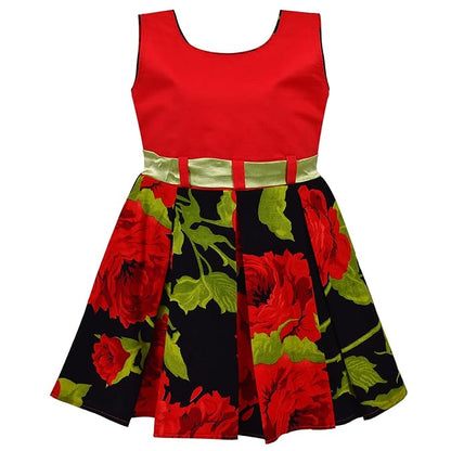 Girls Floral Printed Cotton Dress with Belt