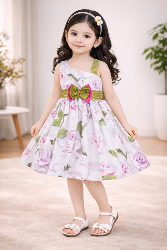 Girls Pure Cotton Pink Rose One-Shoulder Dress