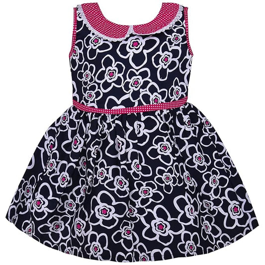 Blue Floral Printed Cotton Girls Dress with Peter Pan Collar