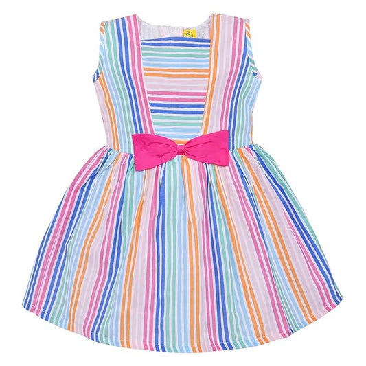 Multicolor Striped Cotton Sleeveless Girls Dress with Pink Bow Waist