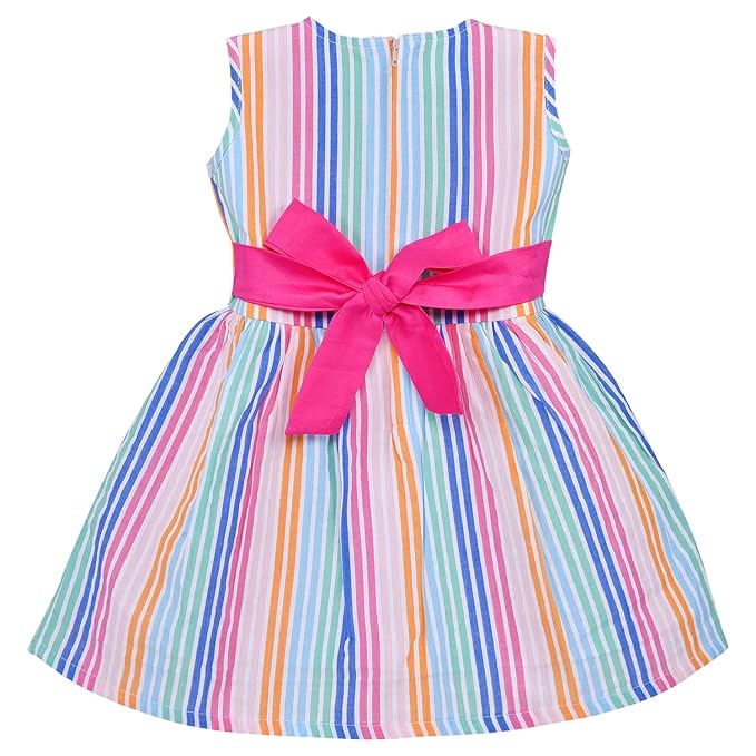 Multicolor Striped Cotton Sleeveless Girls Dress with Pink Bow Waist