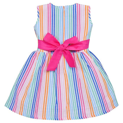 Multicolor Striped Cotton Sleeveless Girls Dress with Pink Bow Waist