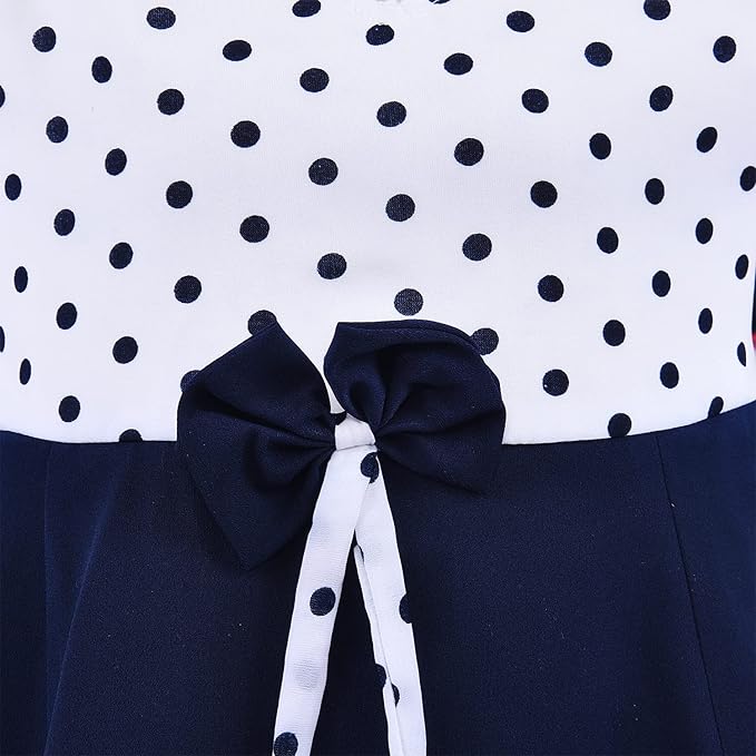 Girls Cotton Polka Dot A-Line Dress with Puff Sleeves and Bow Detail
