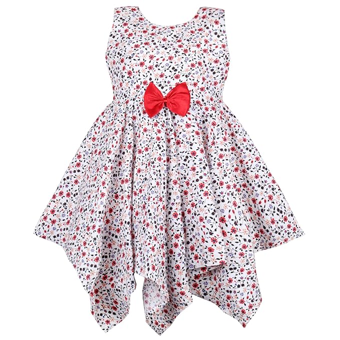 Girls Cotton White Floral Sleeveless Party Dress with Red Bow Detail
