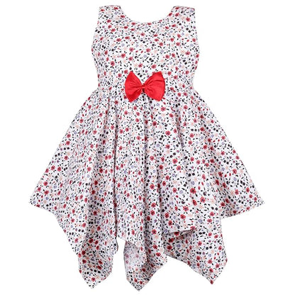Girls Cotton White Floral Sleeveless Party Dress with Red Bow Detail