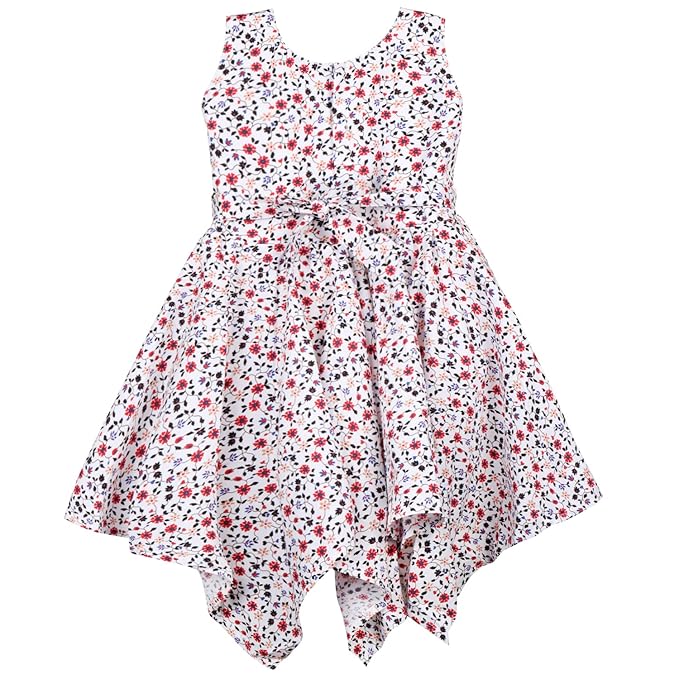 Girls Cotton White Floral Sleeveless Party Dress with Red Bow Detail