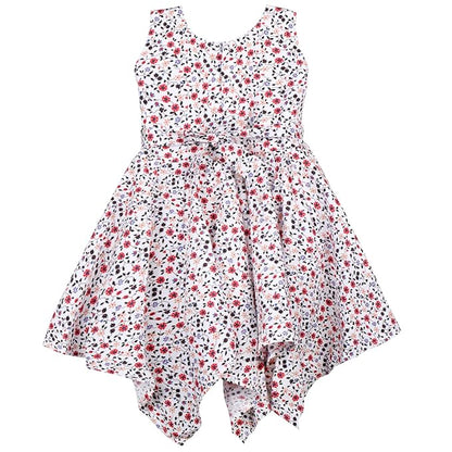 Girls Cotton White Floral Sleeveless Party Dress with Red Bow Detail