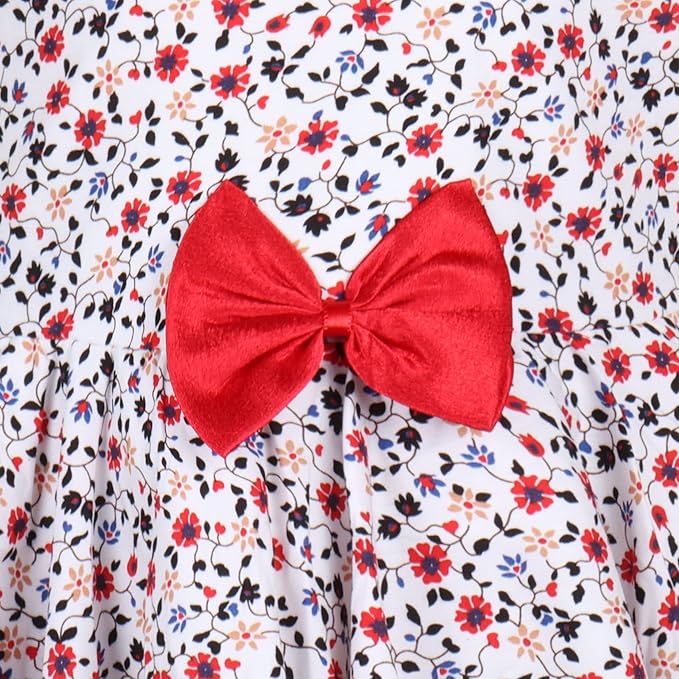 Girls Cotton White Floral Sleeveless Party Dress with Red Bow Detail