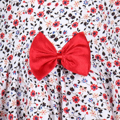 Girls Cotton White Floral Sleeveless Party Dress with Red Bow Detail