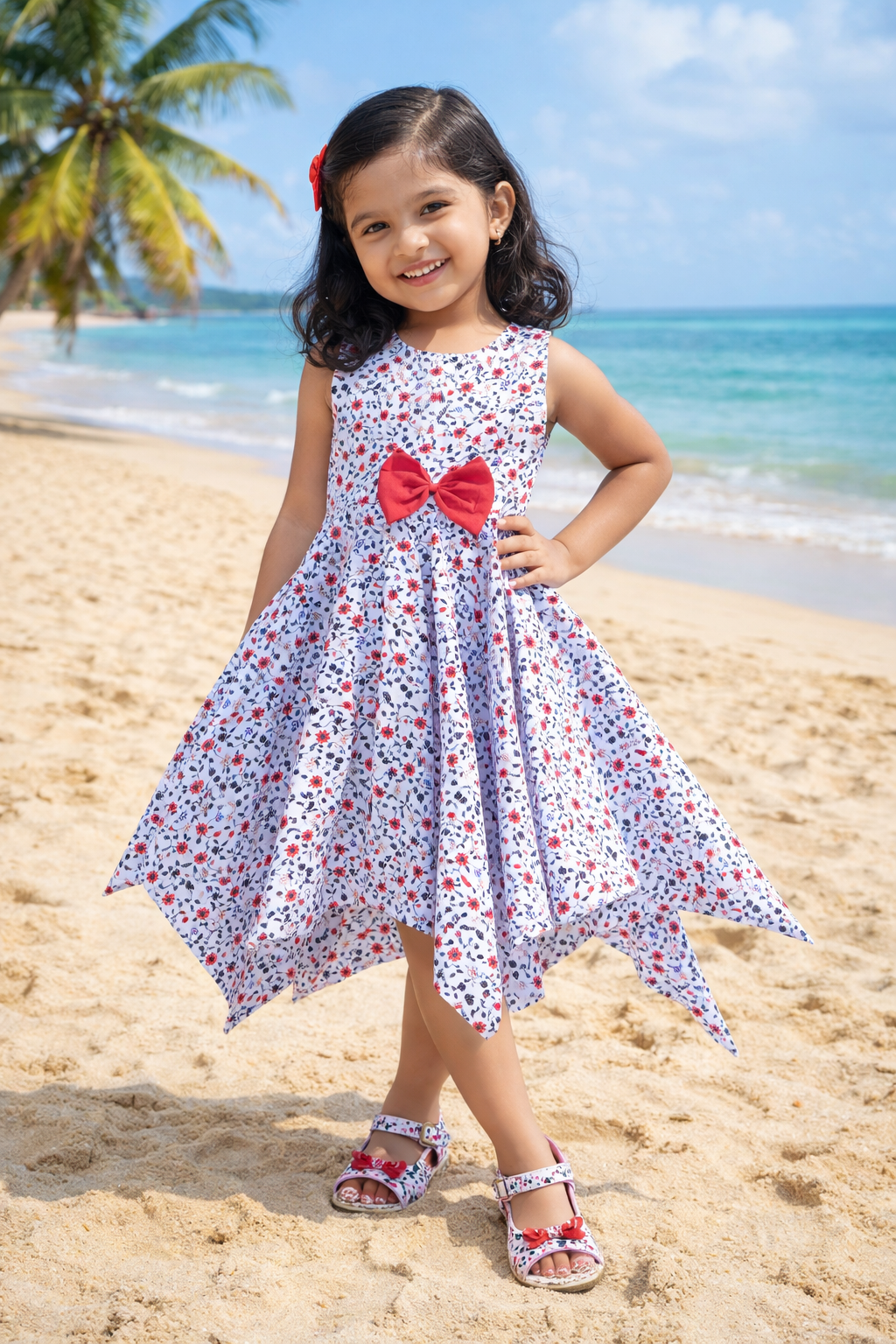Girls Cotton White Floral Sleeveless Party Dress with Red Bow Detail