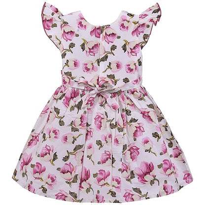 Girls Pink Floral Printed Cotton Dress with Ruffle Sleeves & Waist Bow