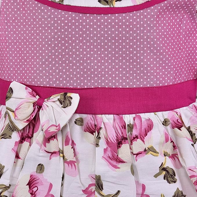 Girls Pink Floral Printed Cotton Dress with Ruffle Sleeves & Waist Bow