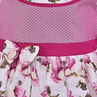 Girls Pink Floral Printed Cotton Dress with Ruffle Sleeves & Waist Bow