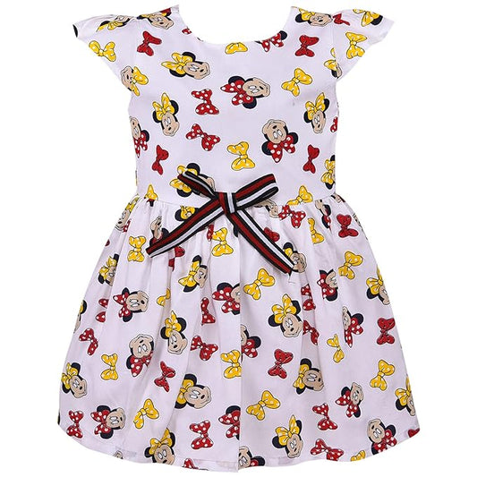 Pink Printed Cotton Girls Dress with Bow Tie Waist and Cute Cartoon Pattern