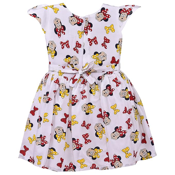 Pink Printed Cotton Girls Dress with Bow Tie Waist and Cute Cartoon Pattern