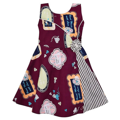 Girls Cotton Printed Party Wear Dress with Stripe Panel & Floral Accent – Soft & Comfortable