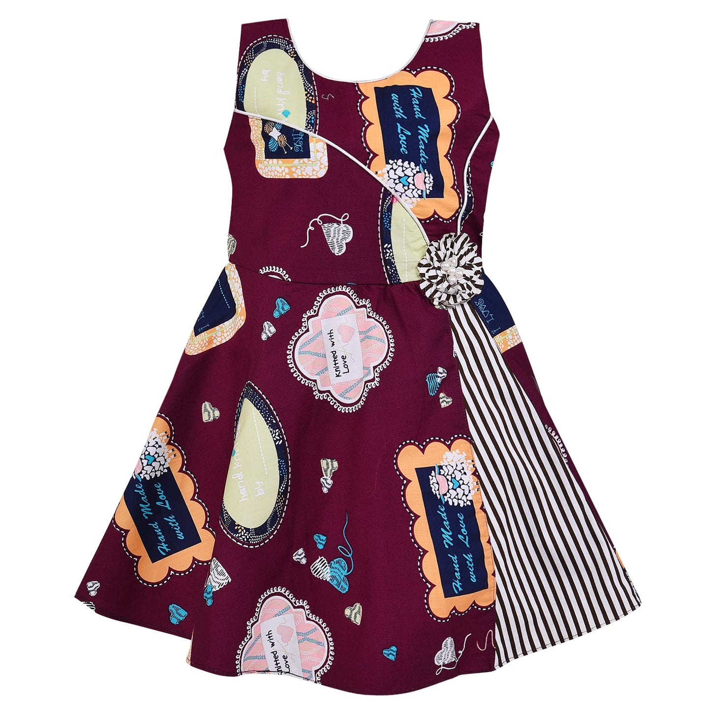 Girls Maroon Printed Cotton Dress with Asymmetrical Panel & Floral Accent