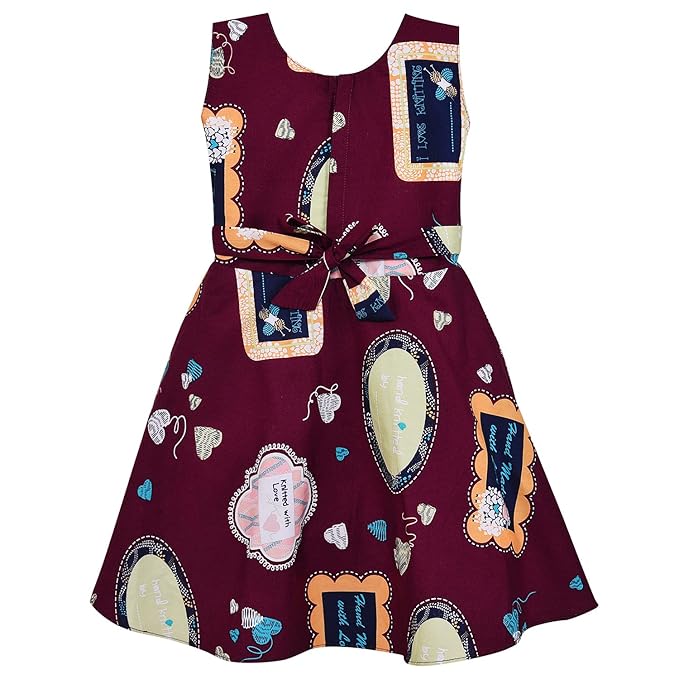 Girls Cotton Printed Party Wear Dress with Stripe Panel & Floral Accent – Soft & Comfortable