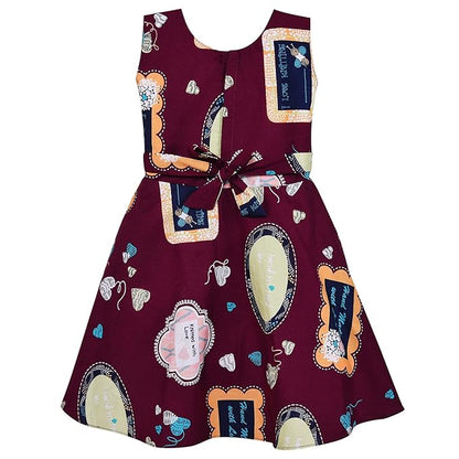 Girls Cotton Printed Party Wear Dress with Stripe Panel & Floral Accent – Soft & Comfortable