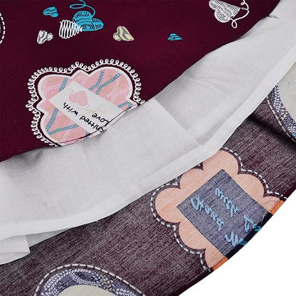 Girls Cotton Printed Party Wear Dress with Stripe Panel & Floral Accent – Soft & Comfortable