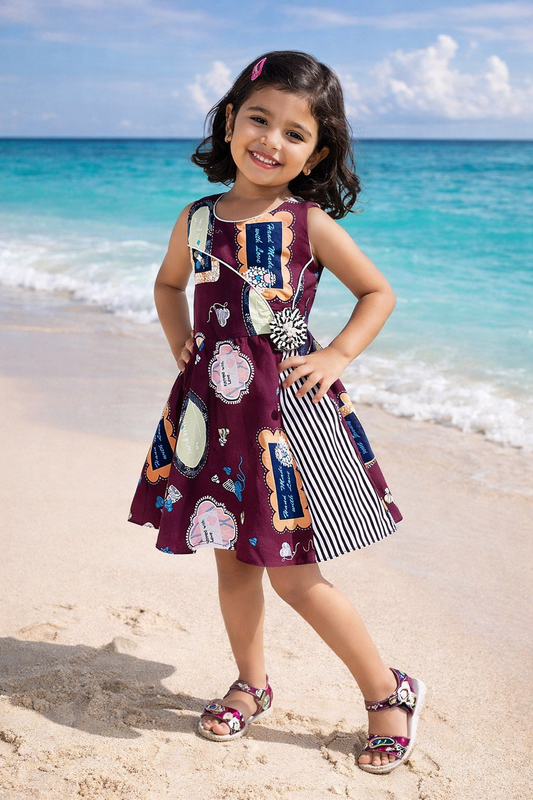 Girls Maroon Printed Cotton Dress with Asymmetrical Panel & Floral Accent