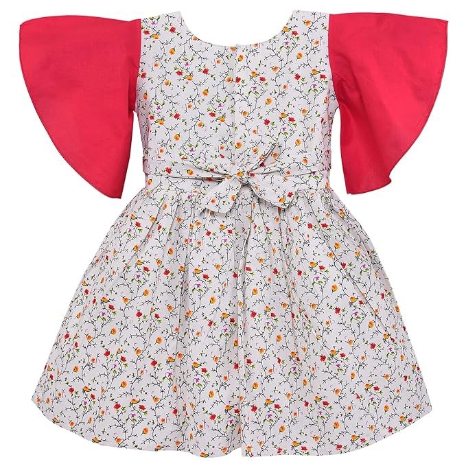 Girls Cotton Floral Printed Dress with Bell Sleeves | Soft & Breathable Kids Casual Party Dress