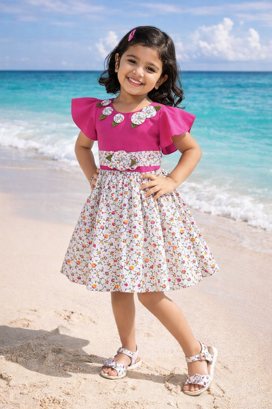 Girls Cotton Floral Printed Dress with Bell Sleeves | Soft & Breathable Kids Casual Party Dress