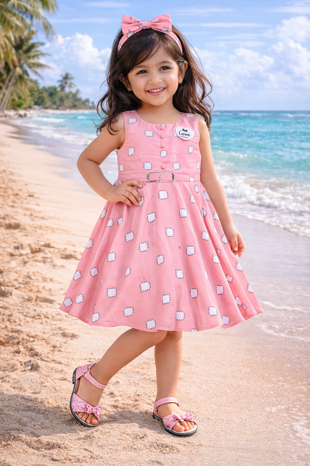 Girls Cotton Printed Sleeveless Dress with Belt | Soft & Breathable Kids Casual Party Dress