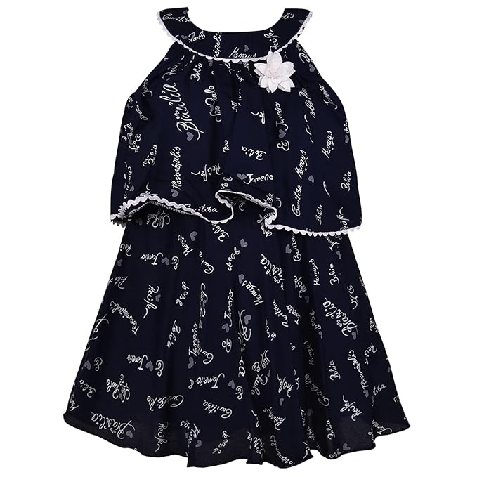 Girls Black Cotton Printed Layered Sleeveless Dress with Flower Detail | Soft & Breathable Kids Casual Party Dress
