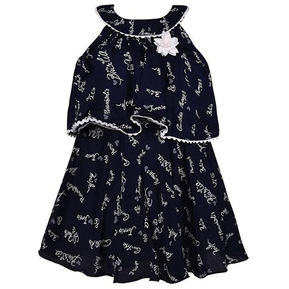 Girls Black Cotton Printed Layered Sleeveless Dress with Flower Detail | Soft & Breathable Kids Casual Party Dress