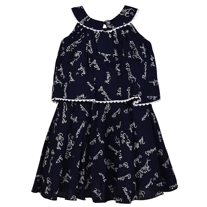 Girls Black Cotton Printed Layered Sleeveless Dress with Flower Detail | Soft & Breathable Kids Casual Party Dress