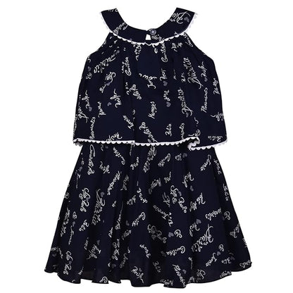 Girls Black Cotton Printed Layered Sleeveless Dress with Flower Detail | Soft & Breathable Kids Casual Party Dress