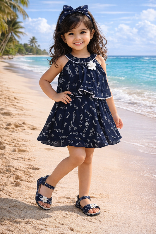 Girls Black Cotton Printed Layered Sleeveless Dress with Flower Detail | Soft & Breathable Kids Casual Party Dress