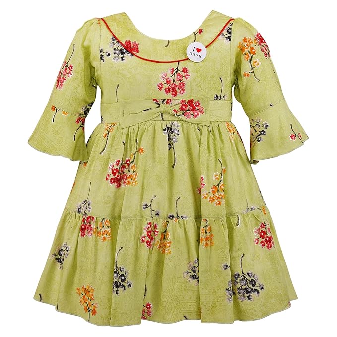 Girls Cotton Floral Printed Fit & Flare Dress with Bell Sleeves | Soft & Breathable Kids Casual Party Dress