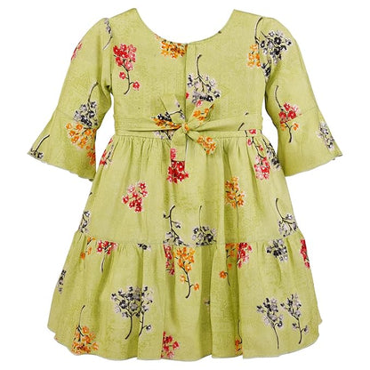 Girls Cotton Floral Printed Fit & Flare Dress with Bell Sleeves | Soft & Breathable Kids Casual Party Dress