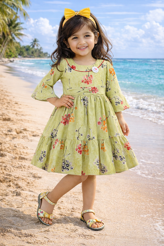 Girls Cotton Floral Printed Fit & Flare Dress with Bell Sleeves | Soft & Breathable Kids Casual Party Dress